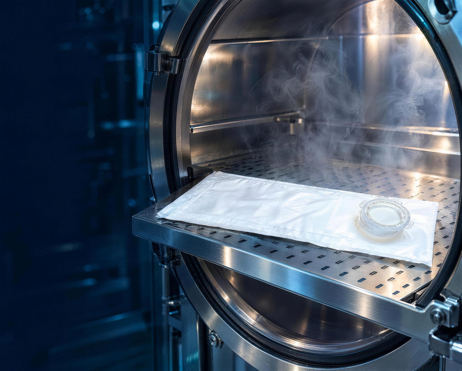An indA DELTAQUANT single-use beta bag lies flat on the perforated tray of a steam autoclave, the cover of the beta flange facing up in the face of the pouch, with steam in the chamber behind it.